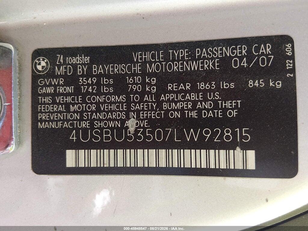 4USBU53507LW92815 2007 BMW Z4 photo no. 9