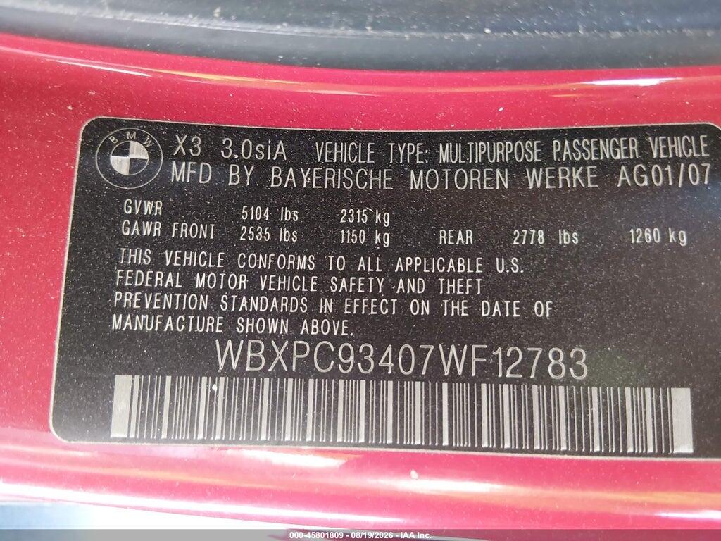 WBXPC93407WF12783 2007 BMW X3 photo no. 9