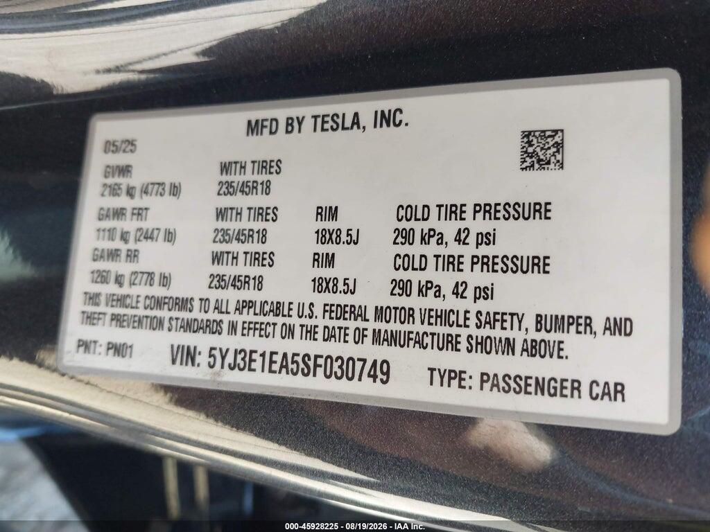 5YJ3E1EA5SF030749 2025 TESLA MODEL 3 photo no. 9