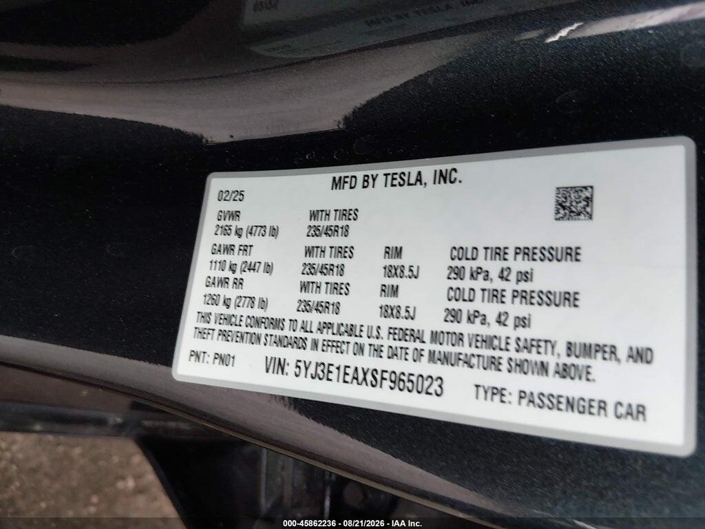 5YJ3E1EAXSF965023 2025 TESLA MODEL 3 photo no. 9