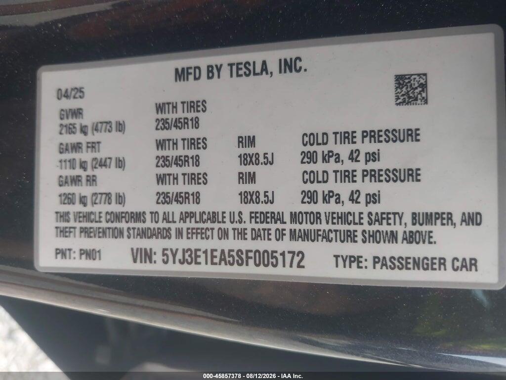 5YJ3E1EA5SF005172 2025 TESLA MODEL 3 photo no. 9