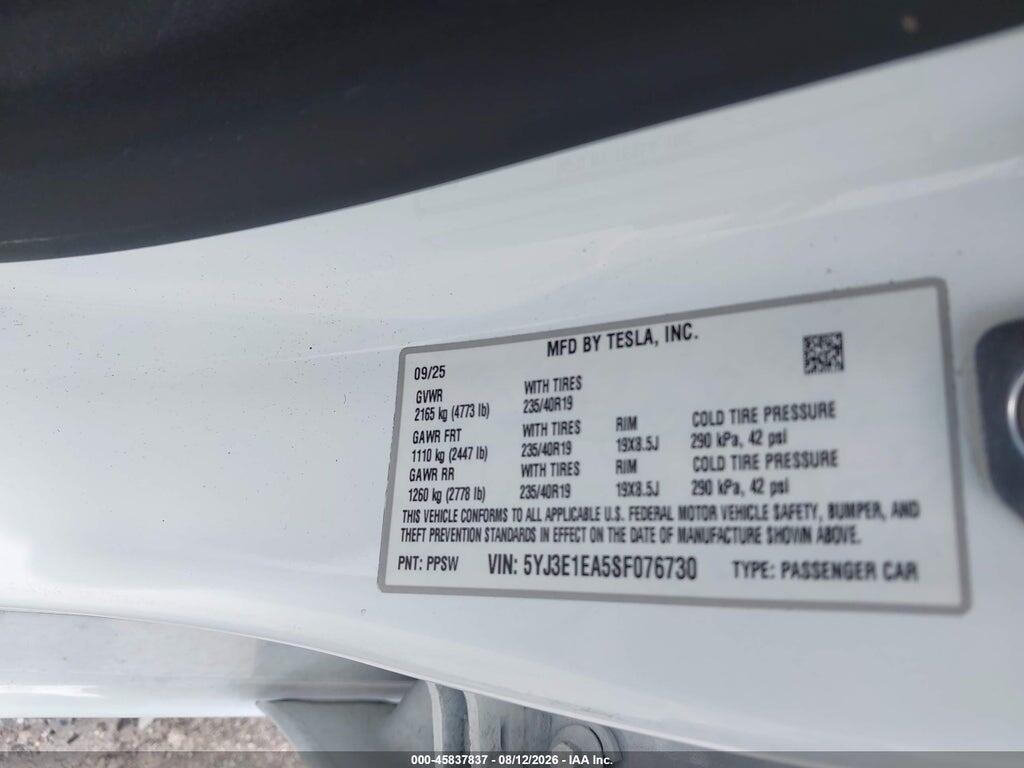 5YJ3E1EA5SF076730 2025 TESLA MODEL 3 photo no. 9