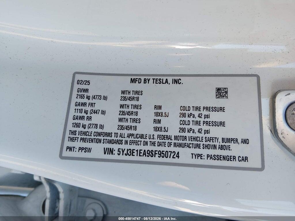 5YJ3E1EA9SF950724 2025 TESLA MODEL 3 photo no. 9