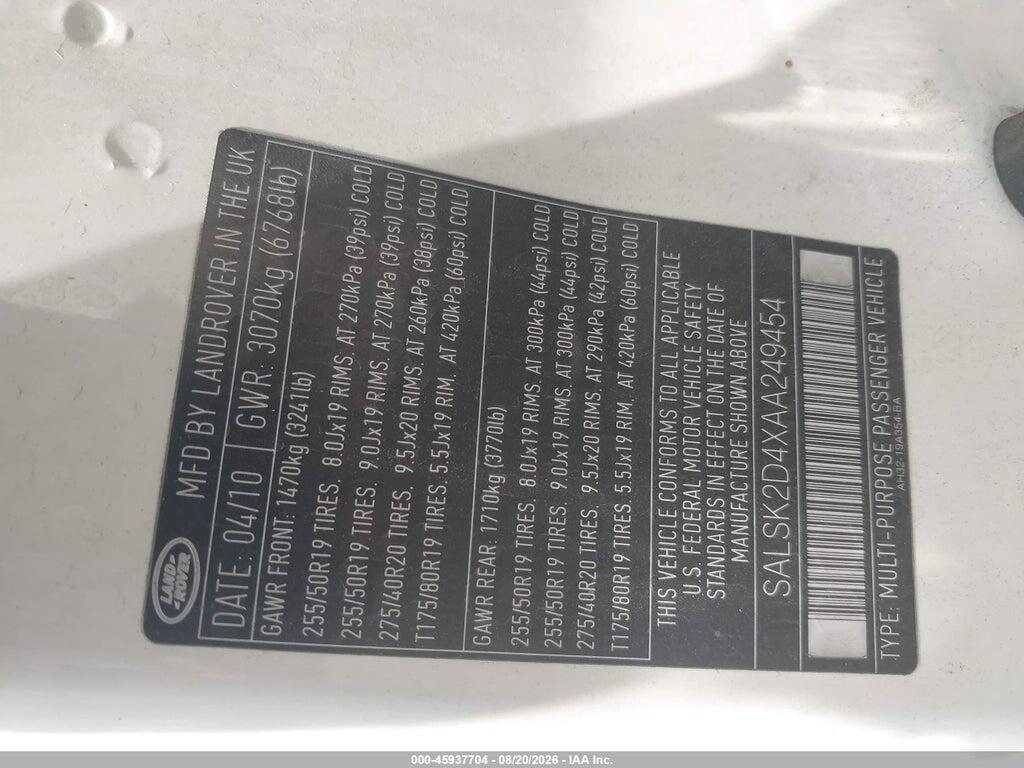 SALSK2D4XAA249454 2010 LAND ROVER RANGE ROVER SPORT photo no. 9