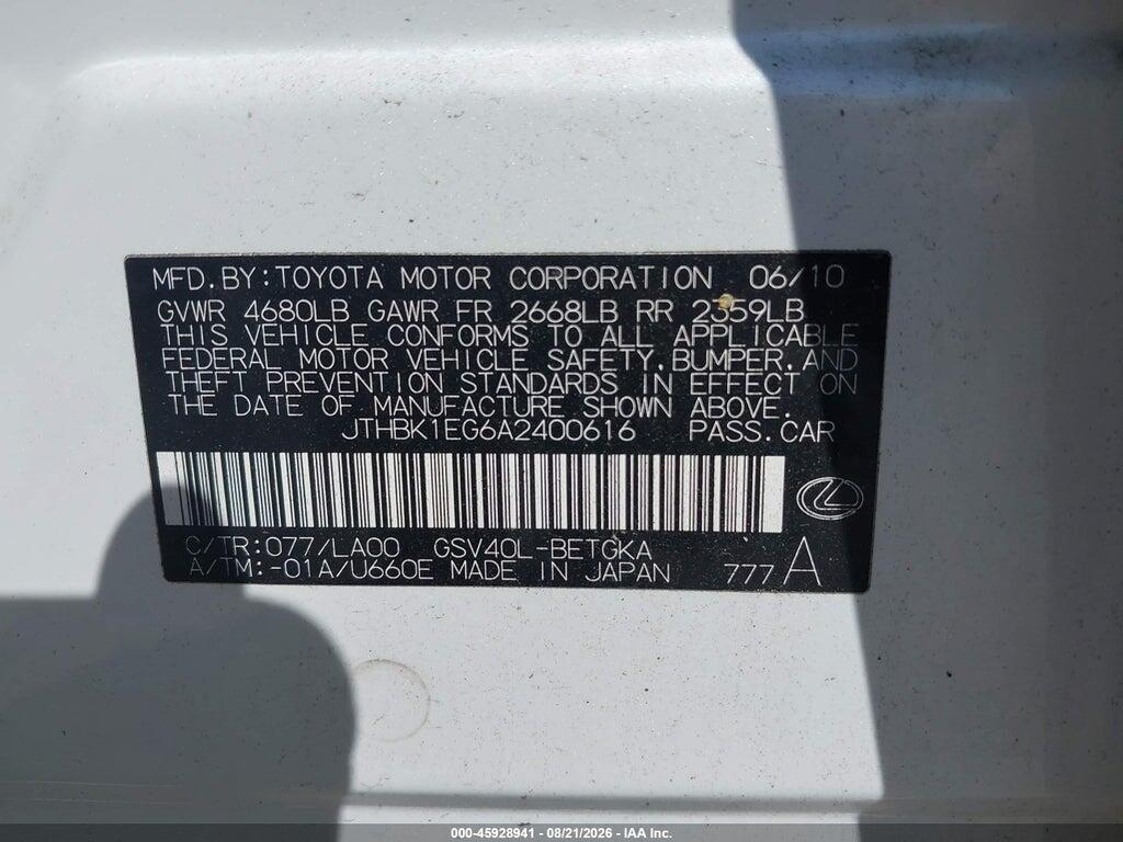 JTHBK1EG6A2400616 2010 LEXUS ES 350 photo no. 9