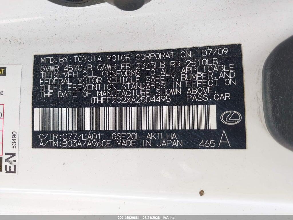 JTHFF2C2XA2504495 2010 LEXUS IS 250C photo no. 9