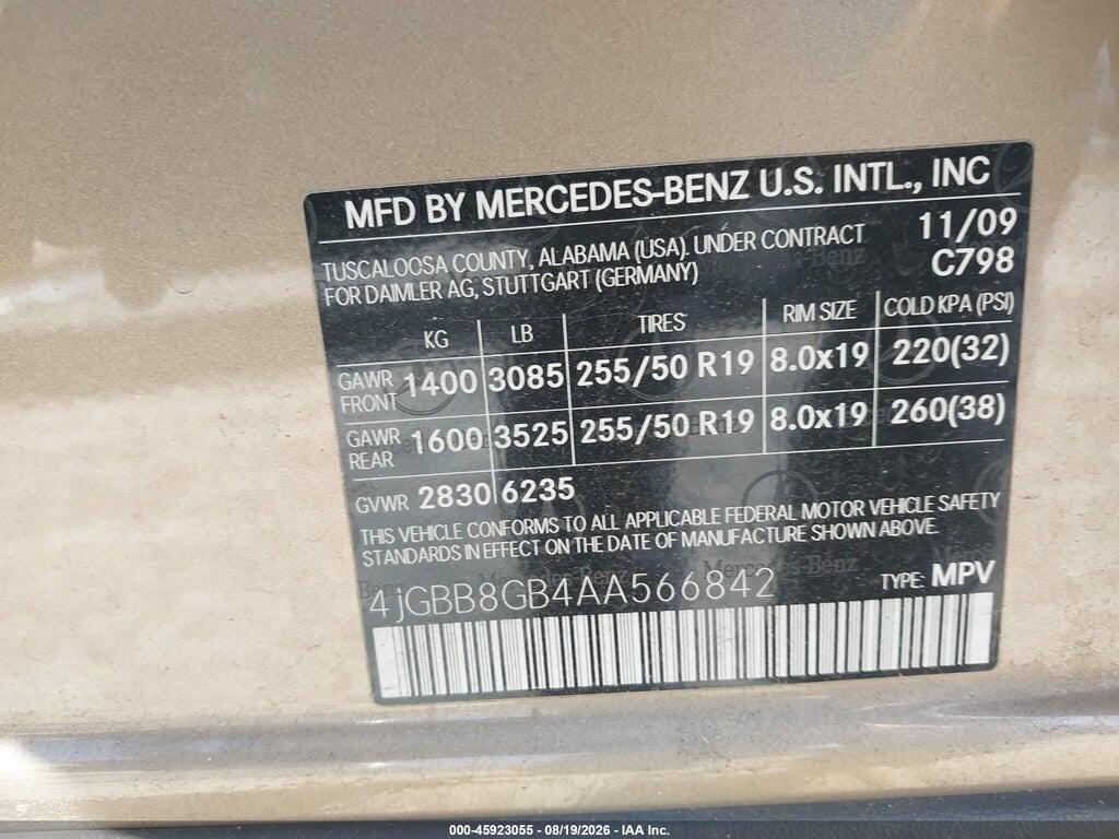 4JGBB8GB4AA566842 2010 MERCEDES-BENZ ML 350 photo no. 9