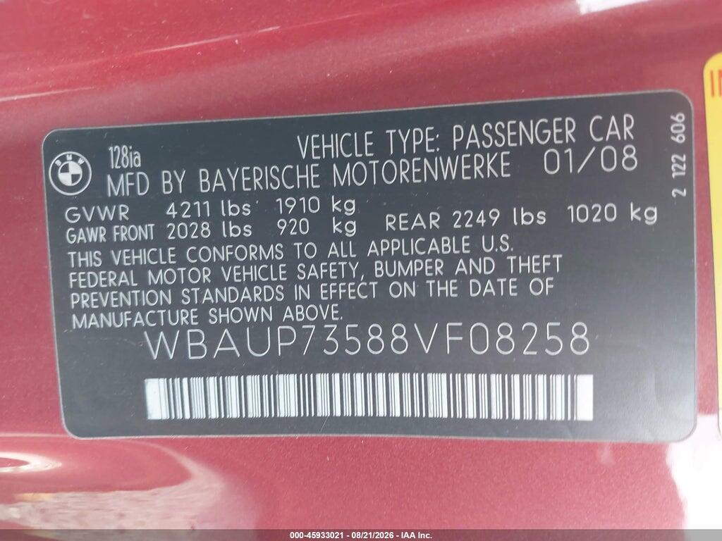 WBAUP73588VF08258 2008 BMW 128I photo no. 9