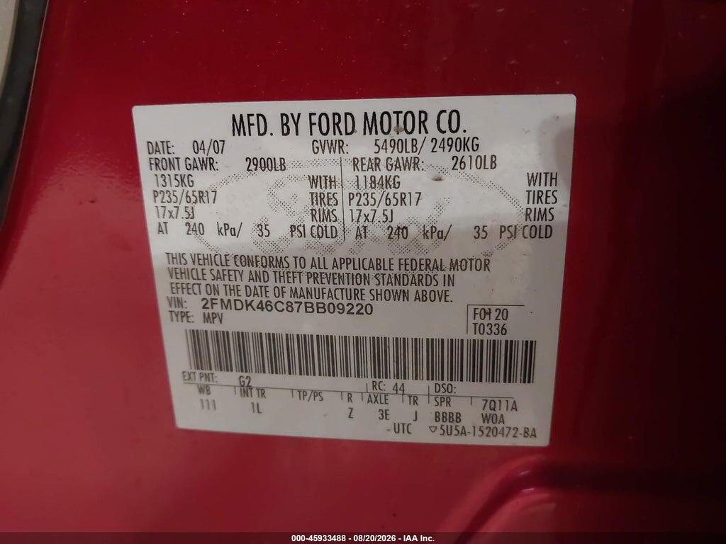 2FMDK46C87BB09220 2007 FORD EDGE photo no. 9