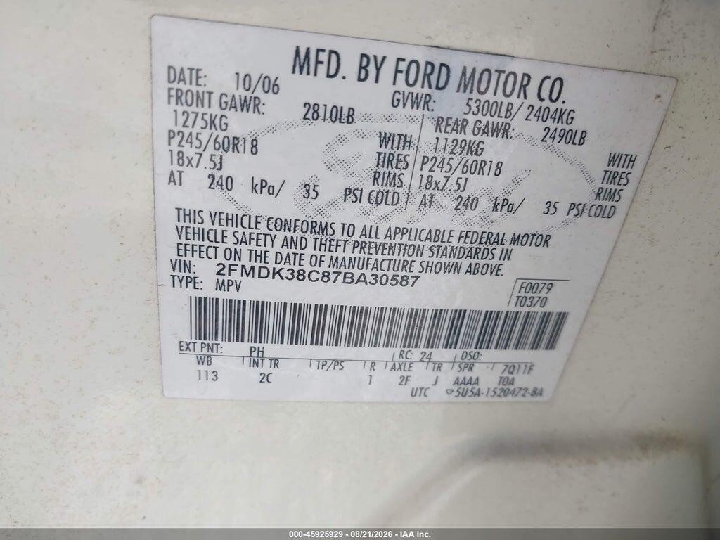 2FMDK38C87BA30587 2007 FORD EDGE photo no. 9