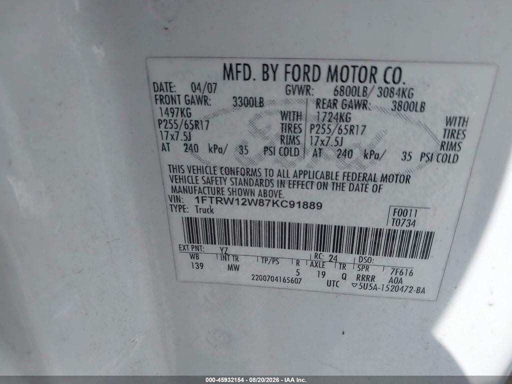 1FTRW12W87KC91889 2007 FORD F-150 photo no. 9