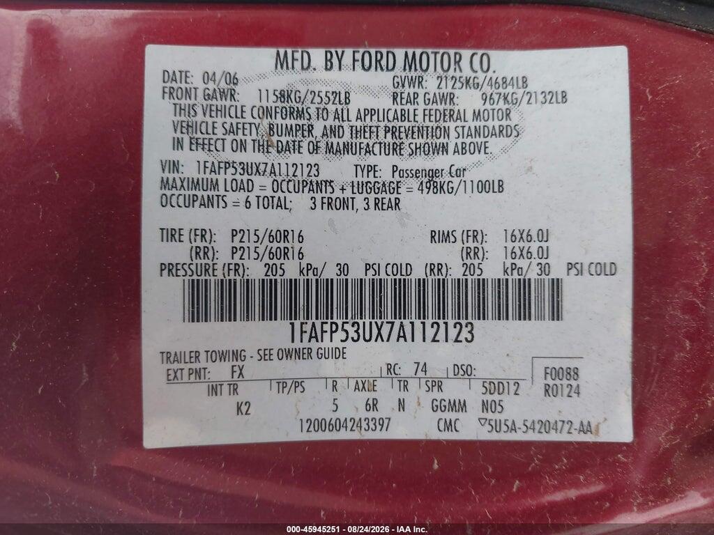 1FAFP53UX7A112123 2007 FORD TAURUS photo no. 9