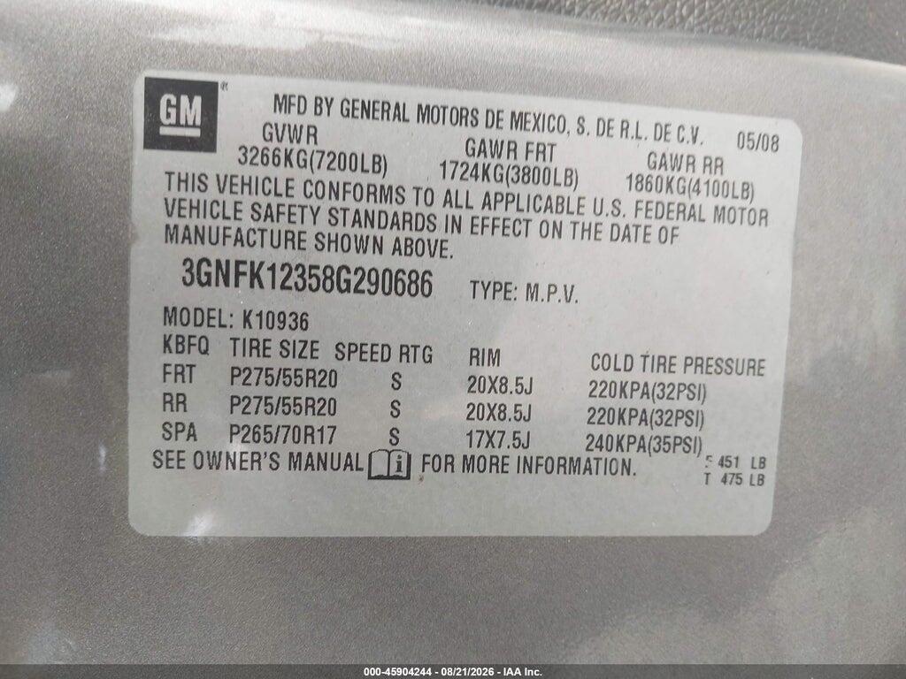 3GNFK12358G290686 2008 CHEVROLET AVALANCHE 1500 photo no. 9
