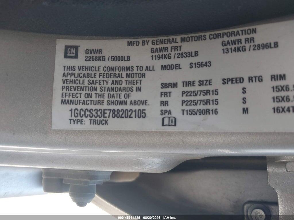 1GCCS33E788202105 2008 CHEVROLET COLORADO photo no. 9