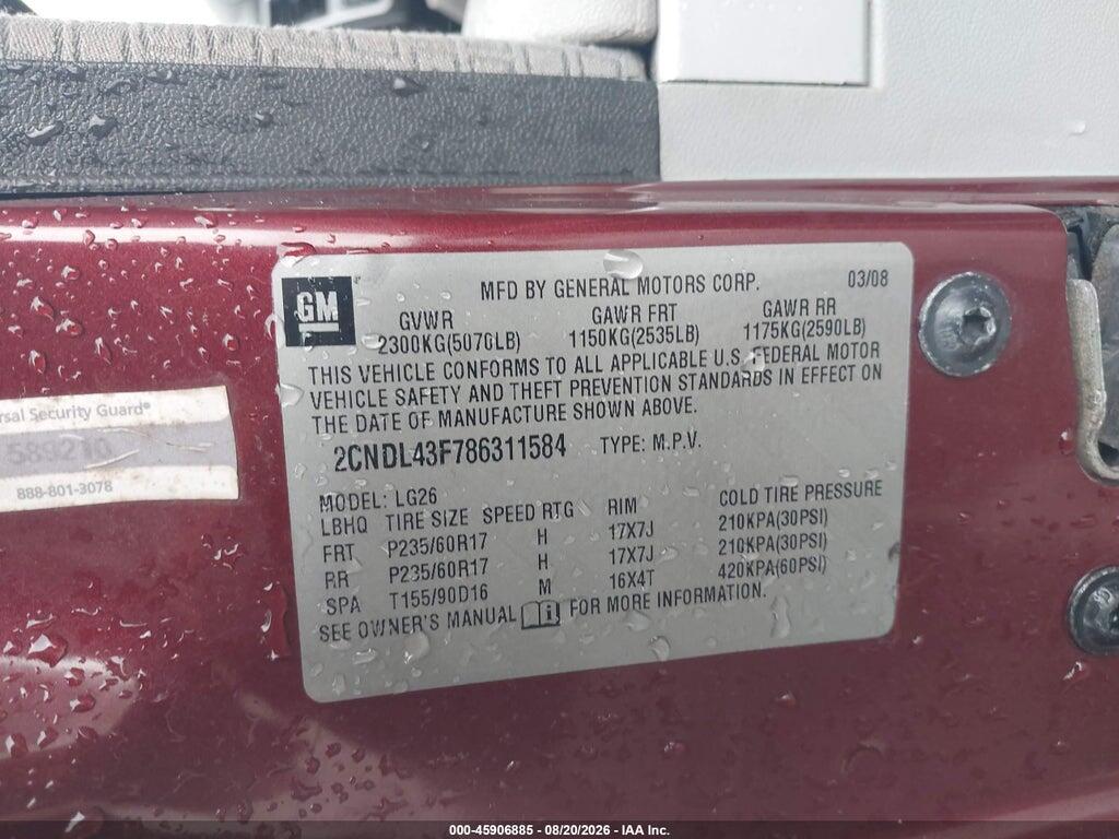 2CNDL43F786311584 2008 CHEVROLET EQUINOX photo no. 9
