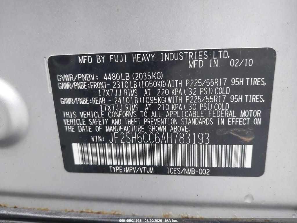 JF2SH6CC6AH783193 2010 SUBARU FORESTER photo no. 9