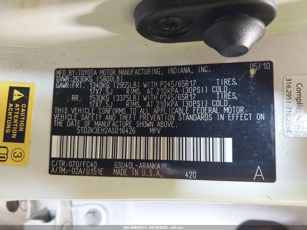5TDZK3EH2AS016426 2010 TOYOTA HIGHLANDER photo no. 9