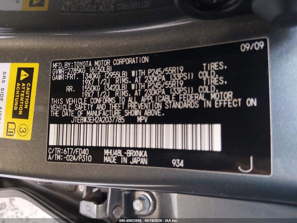 JTEBW3EH2A2037785 2010 TOYOTA HIGHLANDER HYBRID photo no. 9