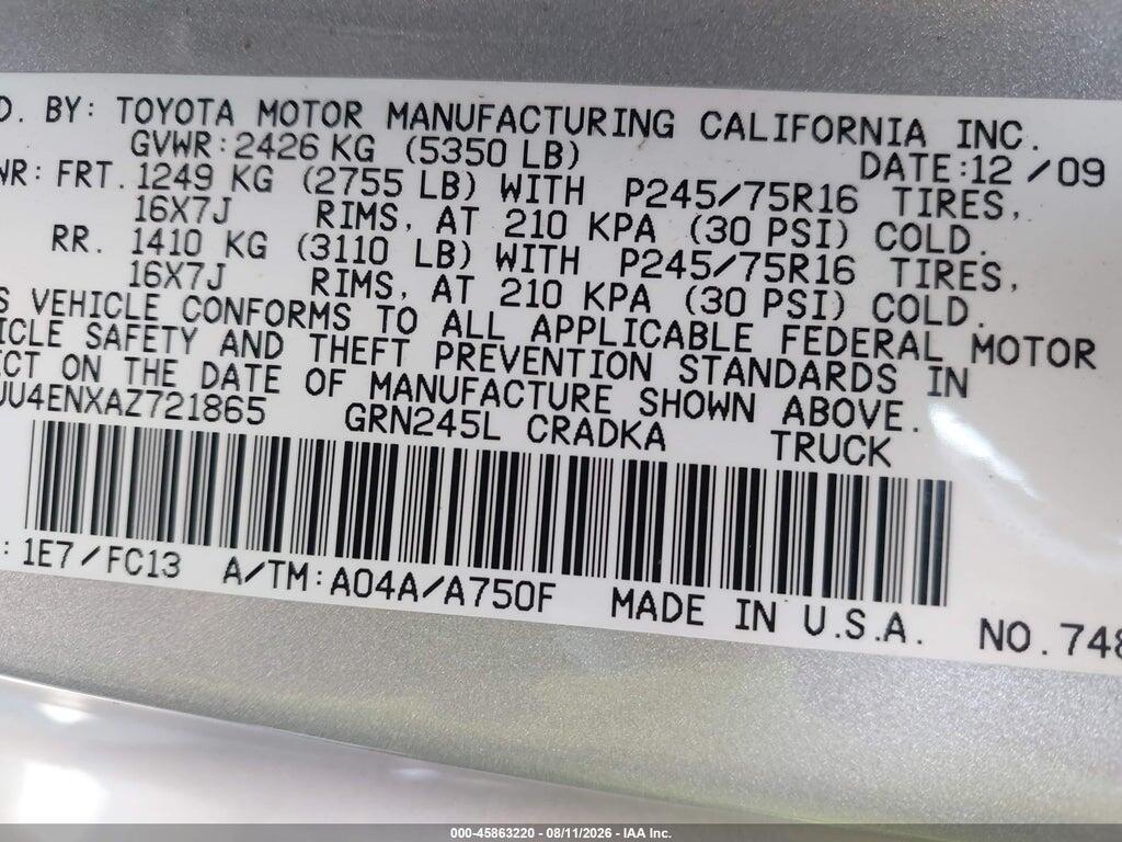 5TEUU4ENXAZ721865 2010 TOYOTA TACOMA photo no. 9
