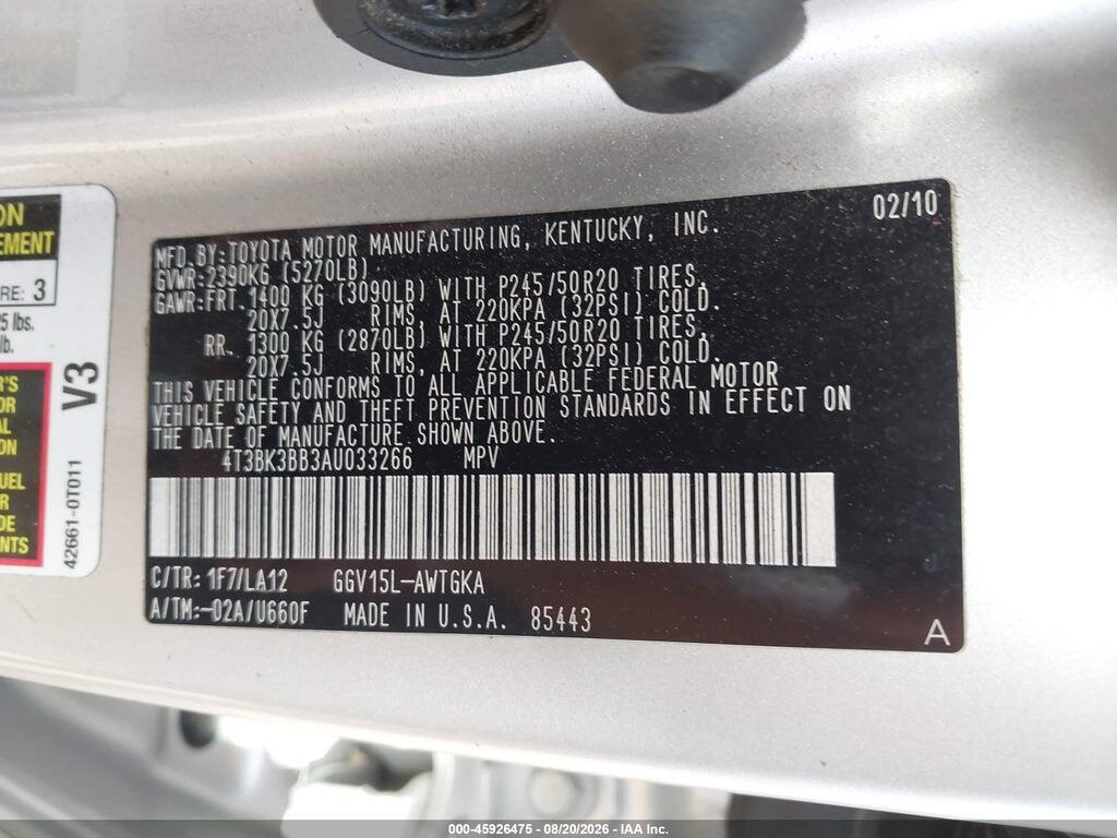 4T3BK3BB3AU033266 2010 TOYOTA VENZA photo no. 9