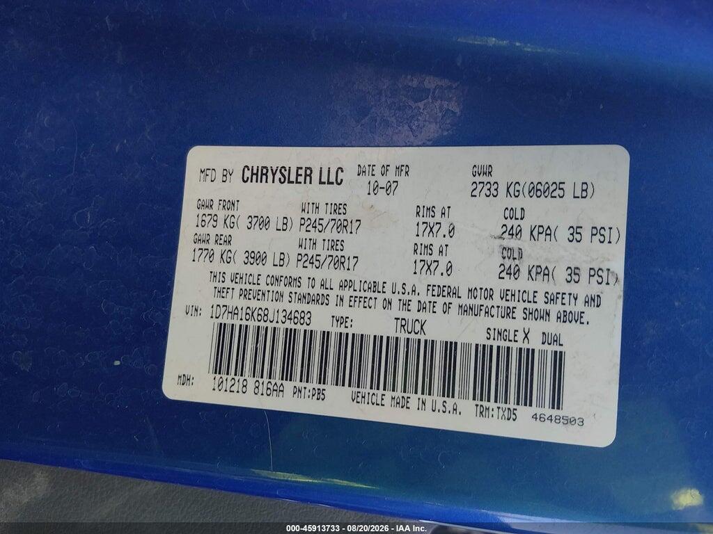 1D7HA16K68J134683 2008 DODGE RAM 1500 photo no. 9