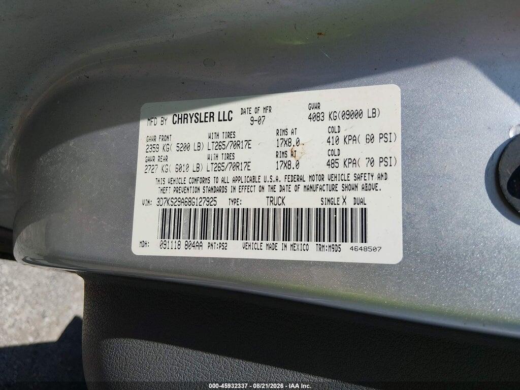 3D7KS29A68G127925 2008 DODGE RAM 2500 photo no. 9