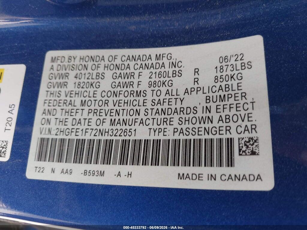 2HGFE1F72NH322651 2022 HONDA CIVIC photo no. 9