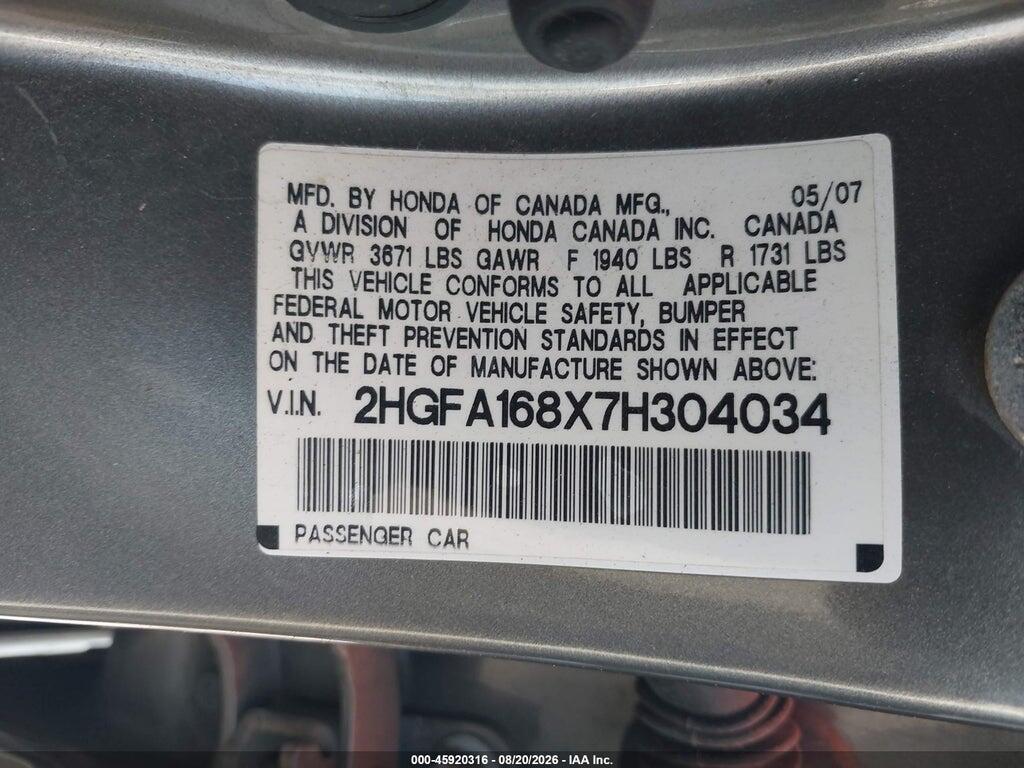 2HGFA168X7H304034 2007 HONDA CIVIC photo no. 9