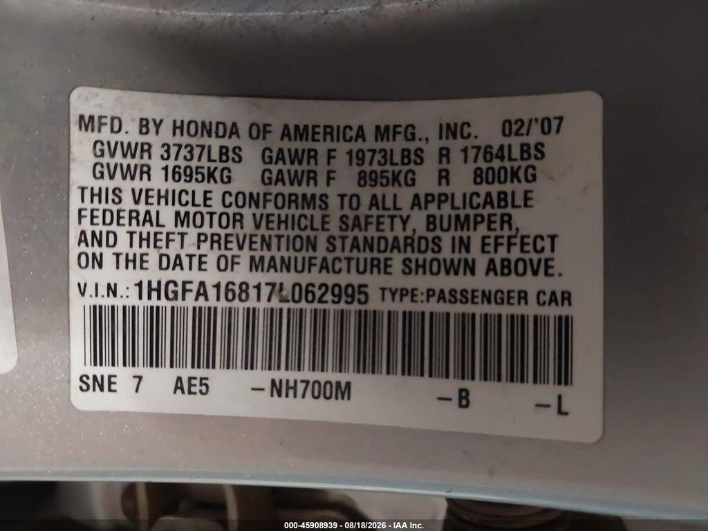 1HGFA16817L062995 2007 HONDA CIVIC photo no. 9