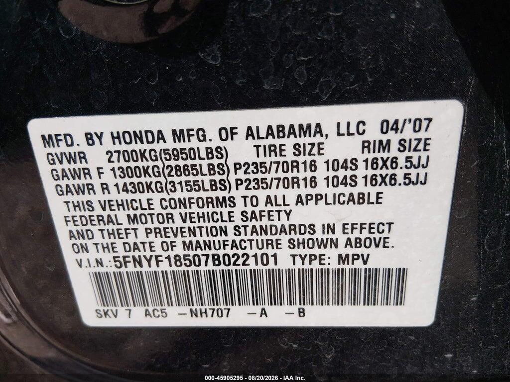 5FNYF18507B022101 2007 HONDA PILOT photo no. 9
