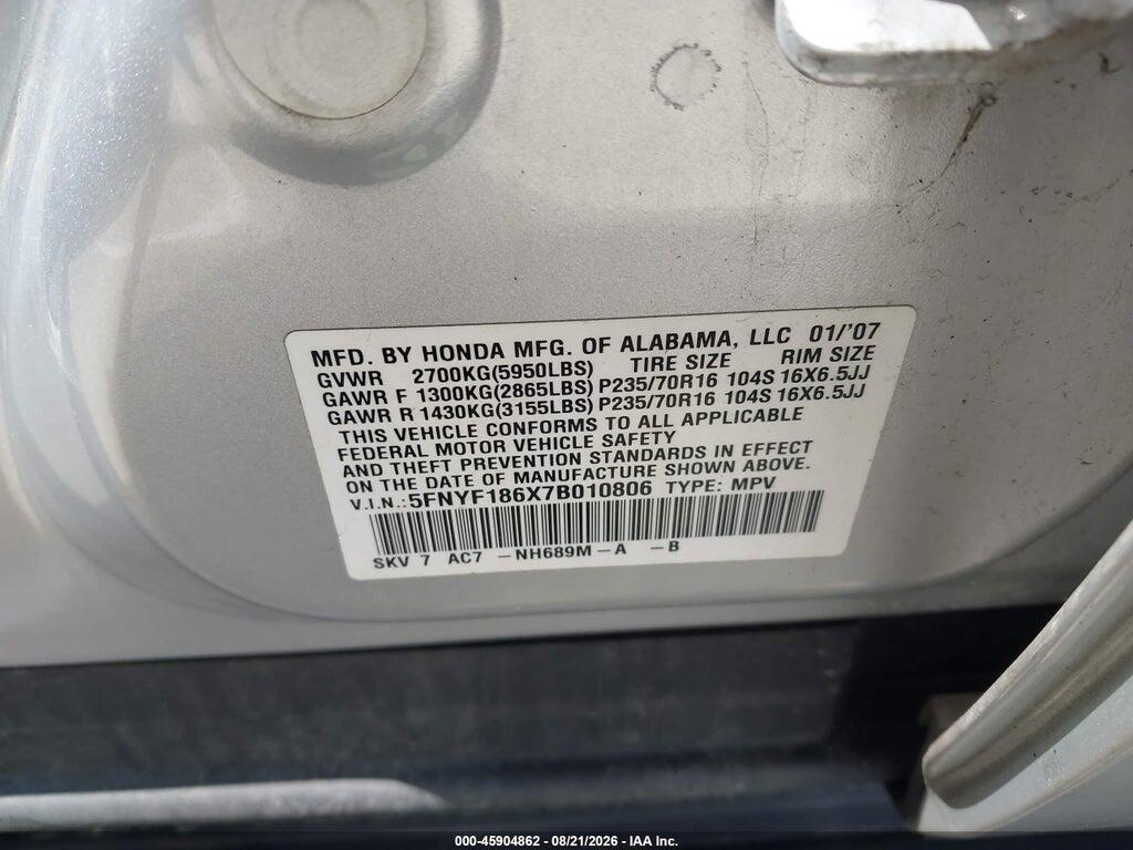 5FNYF186X7B010806 2007 HONDA PILOT photo no. 9