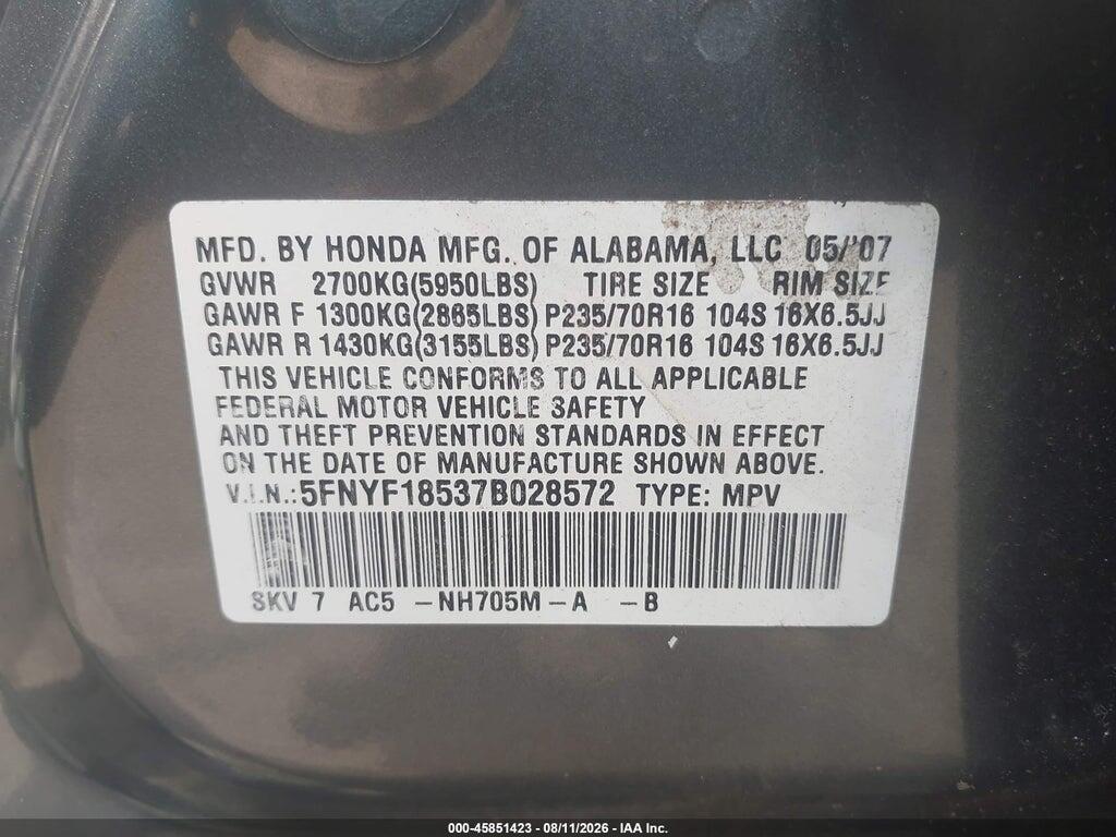 5FNYF18537B028572 2007 HONDA PILOT photo no. 9
