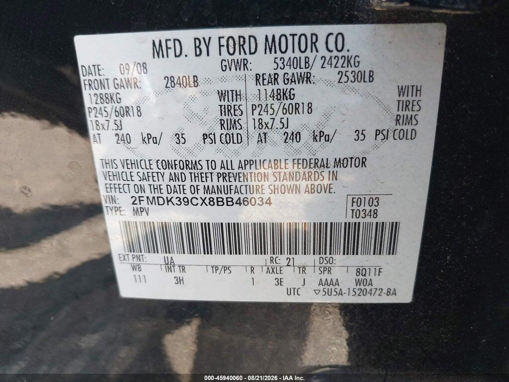 2FMDK39CX8BB46034 2008 FORD EDGE photo no. 9