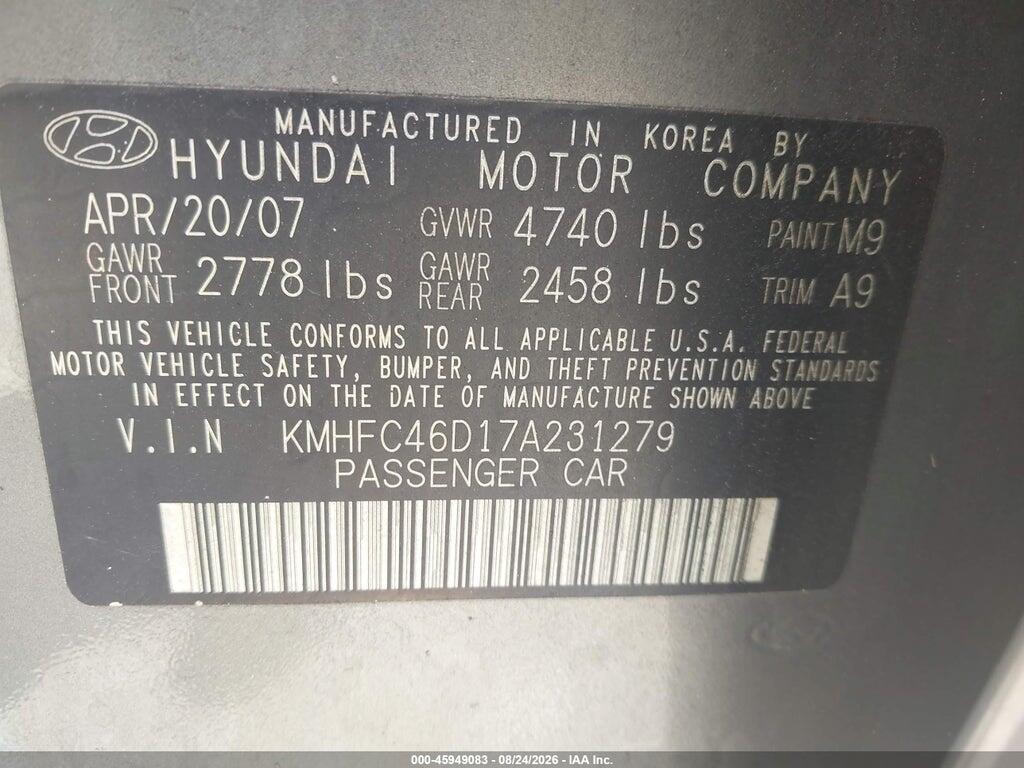 KMHFC46D17A231279 2007 HYUNDAI AZERA photo no. 9