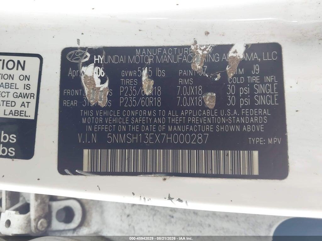5NMSH13EX7H000287 2007 HYUNDAI SANTA FE photo no. 9