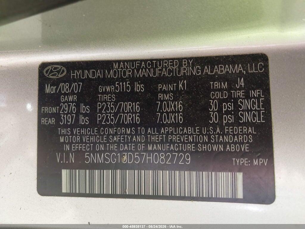 5NMSG13D57H082729 2007 HYUNDAI SANTA FE photo no. 9