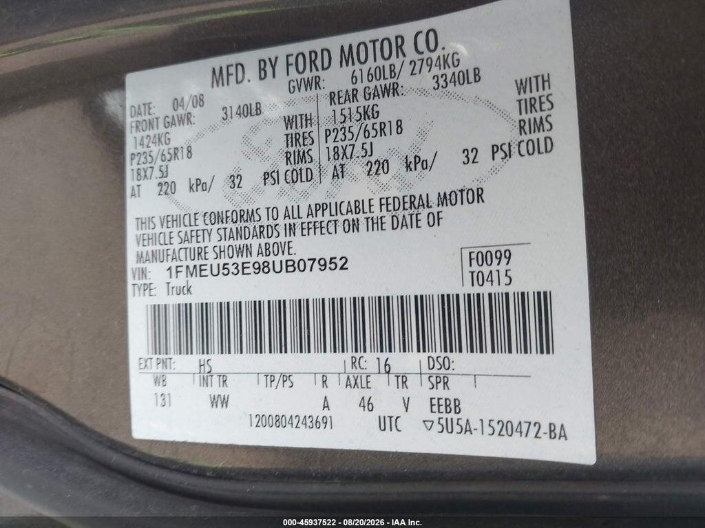 1FMEU53E98UB07952 2008 FORD EXPLORER SPORT TRAC photo no. 9