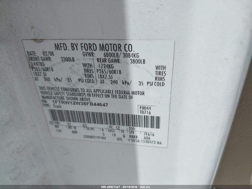 1FTRW12W38FB44647 2008 FORD F-150 photo no. 9