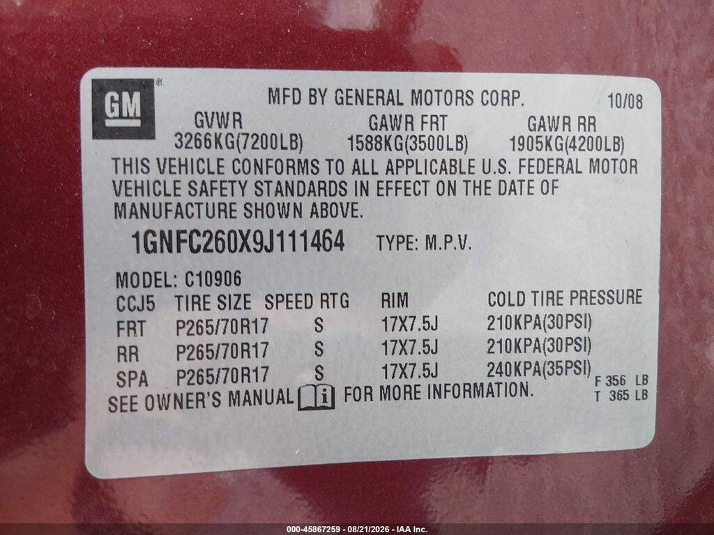 1GNFC260X9J111464 2009 CHEVROLET SUBURBAN 1500 photo no. 9