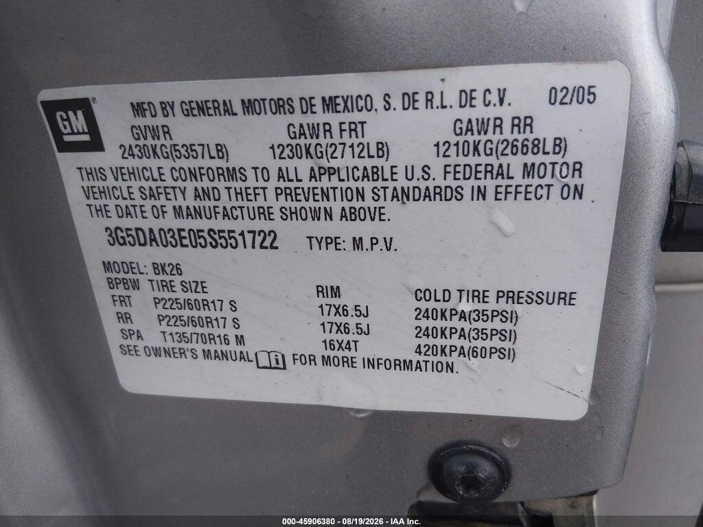 3G5DA03E05S551722 2005 BUICK RENDEZVOUS photo no. 9