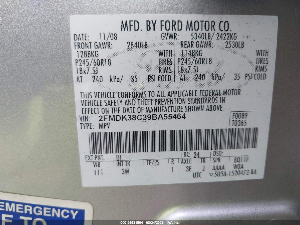 2FMDK38C39BA55464 2009 FORD EDGE photo no. 9