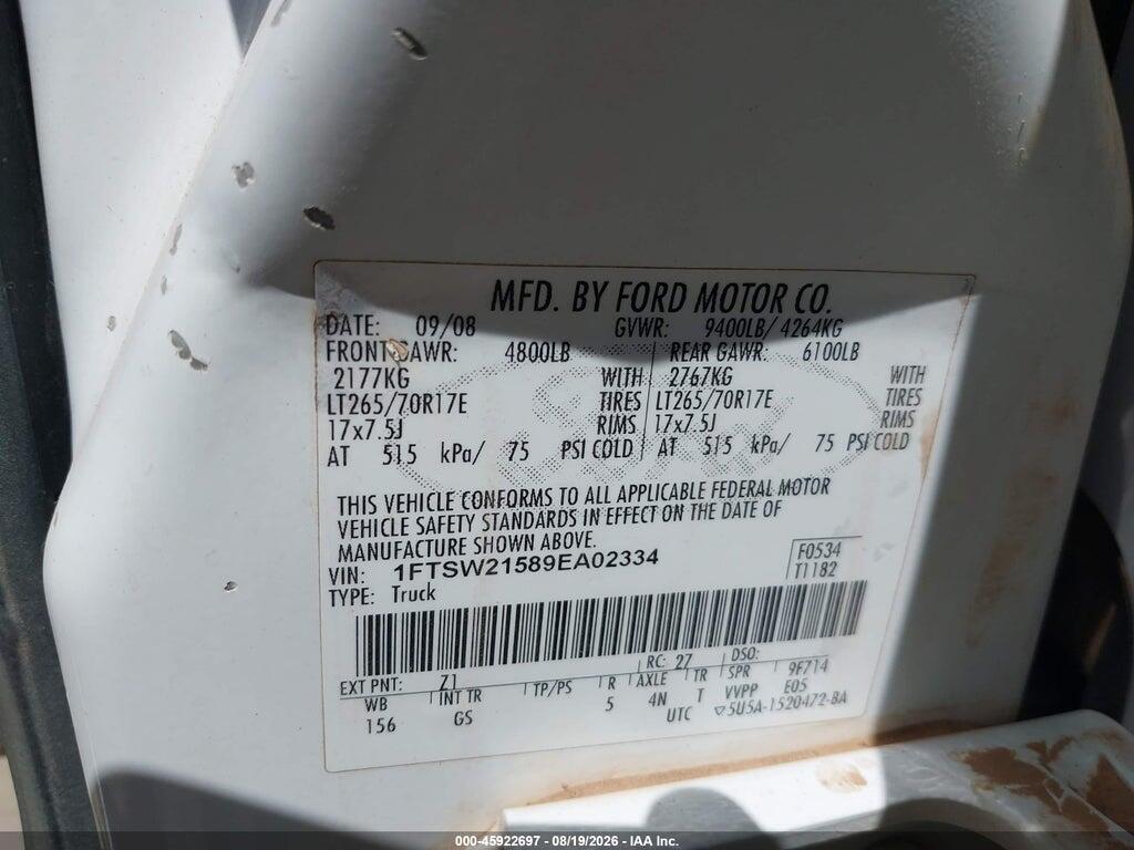 1FTSW21589EA02334 2009 FORD F-250 photo no. 9
