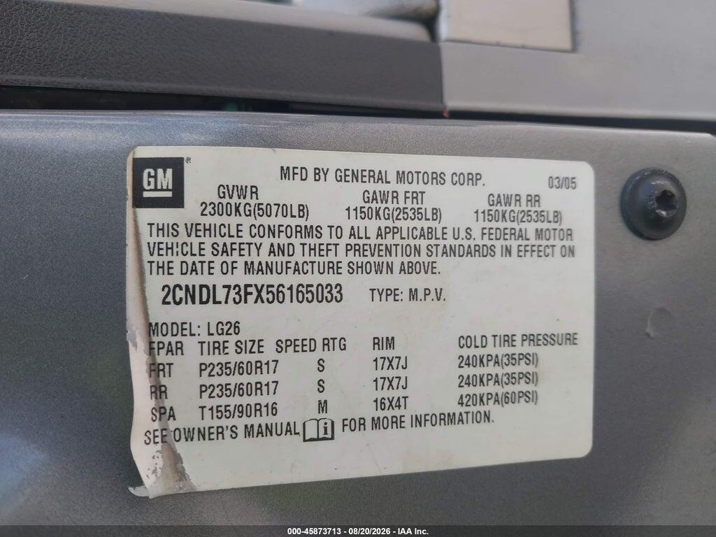 2CNDL23F856013738 2005 CHEVROLET EQUINOX photo no. 9