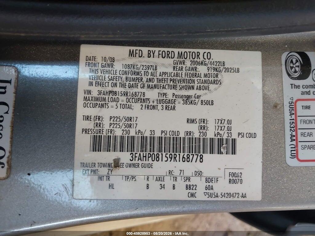 3FAHP08159R168778 2009 FORD FUSION photo no. 9