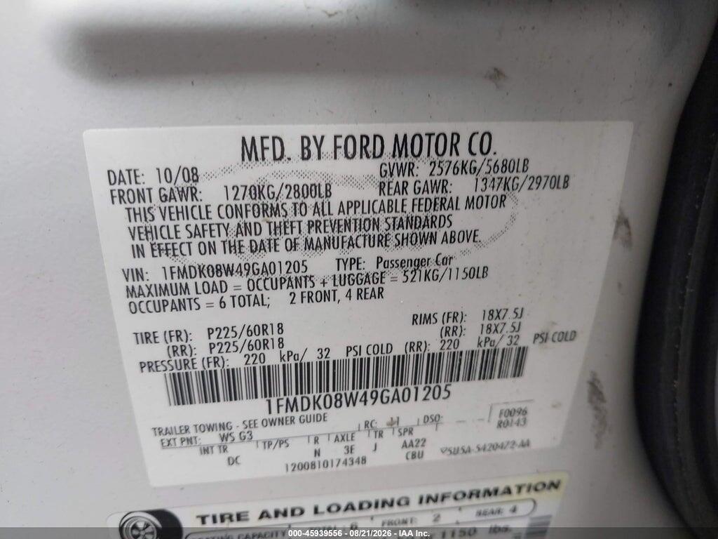1FMDK08W49GA01205 2009 FORD TAURUS X photo no. 9