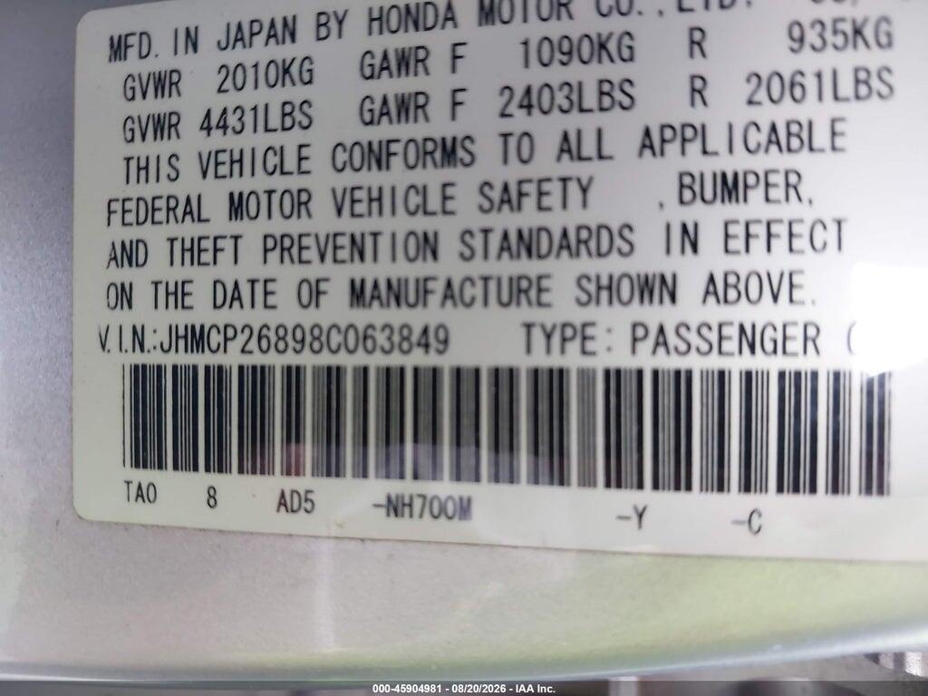JHMCP26898C063849 2008 HONDA ACCORD photo no. 9