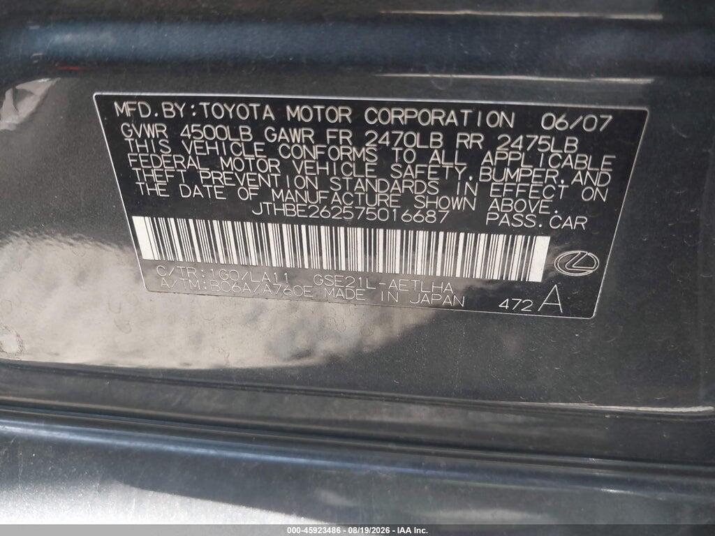 JTHBE262575016687 2007 LEXUS IS 350 photo no. 9