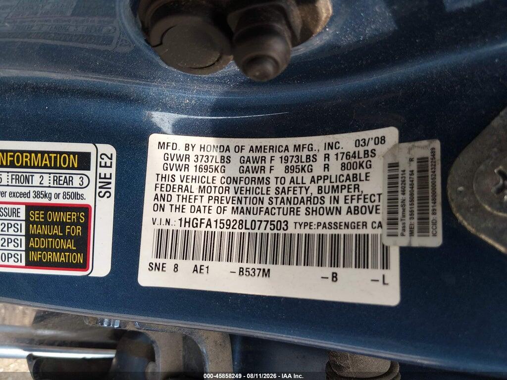 1HGFA15928L077503 2008 HONDA CIVIC photo no. 9