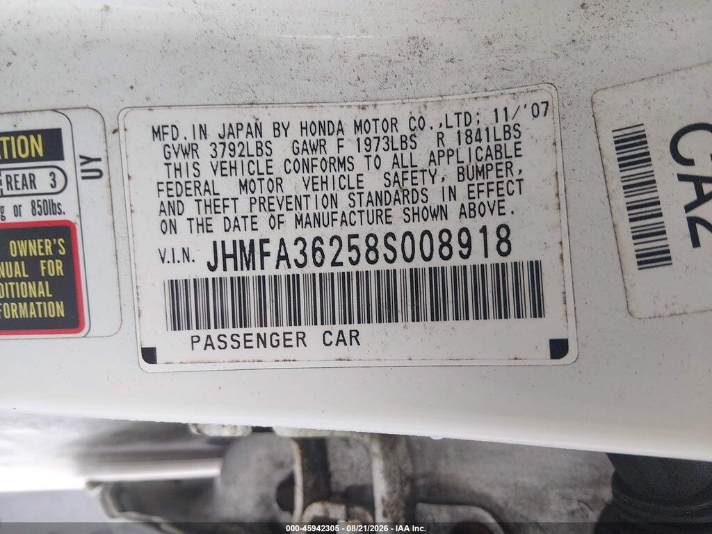JHMFA36258S008918 2008 HONDA CIVIC HYBRID photo no. 9