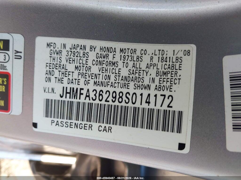 JHMFA36298S014172 2008 HONDA CIVIC HYBRID photo no. 9